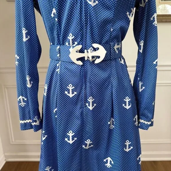 Vintage 70s House of She Ltd Zip Front Anchor Sailor Dress M - Picture 5 of 10